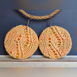 Knit Earrings Lace Creamy Orange Hand Dyed Yarn Dotted Cotton